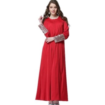 Long Maxi Chiffon Dress with Sequined Cuff Sleeve (Red)  