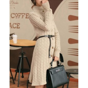 Long Sweater Dress 2016 Fall Winter Fashion Cable Vintage Single-breasted Knee-length Belt Knitted Maxi Dress ?apricot? - intl  