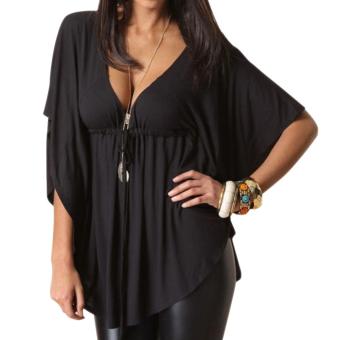 Loose V-Neck Lace-Up Bat Sleeve Top Black  