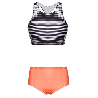 LoveSport Women Padded Cropped Top High Waist Stripe Swimsuit Bikini Set S-XL (Orange) - Intl - intl  