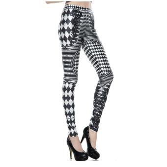 LT365 Digital Printing Black and White Square Grid Women’s Slim Stretchy Tights Pants Leggings S - intl  