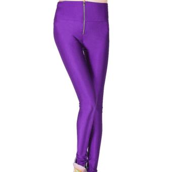 LT365 Women Elastic High Waist Zipper Front Skinny Leggings Purple-M - intl  