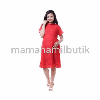 Mama Hamil Baju Hamil Dress Pesta Brokat Krah Satin Modis - Merah  