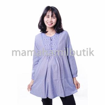 Mama Hamil Baju Hamil Muslim Katun Bordir Bunga Cantik Modis - Biru  