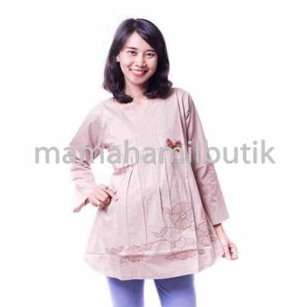 Mama Hamil Baju Hamil Muslim Katun Pita Bordir Bunga Cantik - Cream - Free 1 Celana Dalam Hamil  