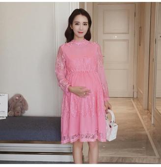 Maternity Long Dress Spring Autumn Korean Fashion Clothes for Pregnant Women Lace Solid Color-pink - intl  