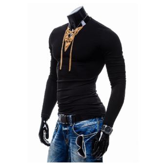 Men Casual V-neck Slim Long Sleeve T-shirt (Black)  