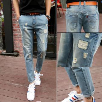 Men Cropped Jeans Hole Frayed Jeans Korean Street Nine Pants Slim Denim Skinny Pants Leisure Teens Pants Casual Student Trousers - intl  