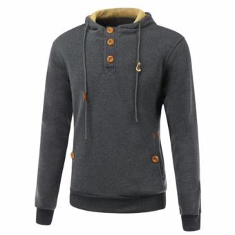 Men Drawstring Long Sleeve Elbow Patch Blend Fleece Pullover Hoodie(Deep Gray) - intl  