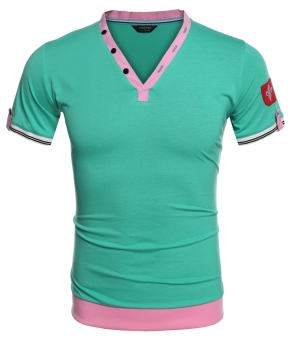 Men Fashion Casual V Neck Short Sleeve Contrast Color Patchwork T-Shirt  