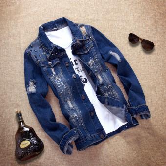 Men Fashion Washing Holes Rivets Denim Jacket Stretch Jeans Coat - intl  