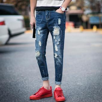 Men Hole Cropped Jeans Korean Street Frayed Nine Jeans Cowboy Pants Slim Denim Skinny Pants Leisure Teens Pants Casual Student Trousers - intl  