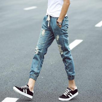 Men Hole Cropped Jeans Korean Street Frayed Nine Pants Elastic Waist Slim Denim Skinny Pants Leisure Teens Pants Casual Student Trousers - intl  