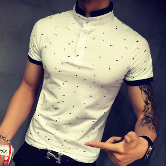 Men Printed Stand Collar Polo Shirt Short Sleeve Casual Men Shirts Slim Fit Polo Plus Size S-XXL(white)  