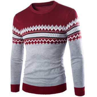 Men Round Neck Knitwear Sweater Long Sleeve Slim Fit Pullover Red - intl  