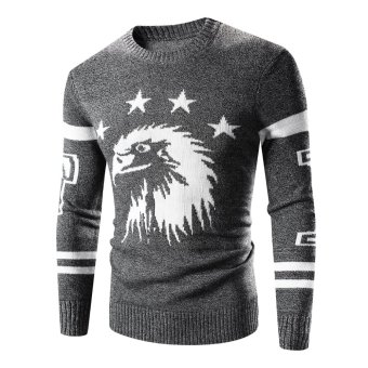 Men 's Fashion Eagle printed thick warm round neck sweater Dark grey - intl  