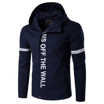 Men 's leisure jacket fashionable lettering hooded zipper coat Navy - intl  