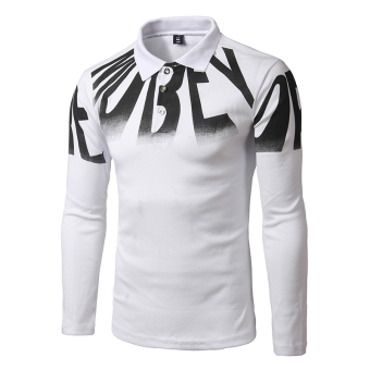 Men 's long - sleeved lapel T - shirt Polo shirt letter printing White - intl  