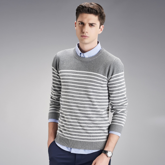 Men Stripe Sweater Cotton O-neck Autumn Winter Korean Style(Dark Grey) - intl  