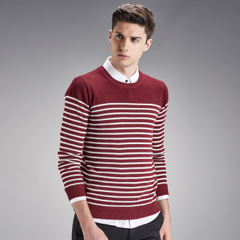 Men Stripe Sweater Cotton O-neck Autumn Winter Korean Style(Wine Red) - intl  