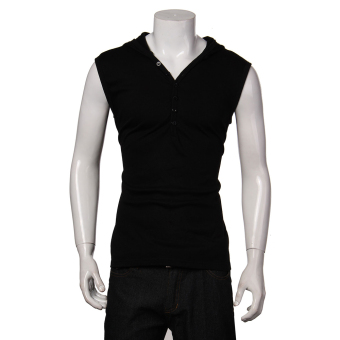 Men V-Neck Vest Sleeveless Slim Fit Hoodie Casual T-shirt -Black  