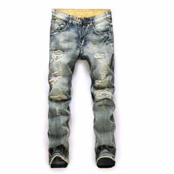 Men Vintage Casual Ripped Broken Hole Jeans Denim Pants (Light Blue) - intl  