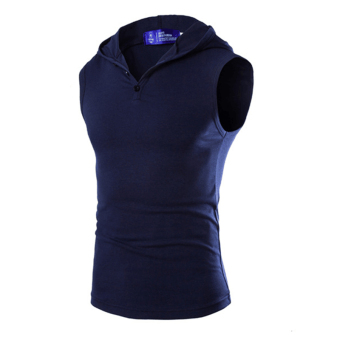 Men's Button-down Collar Sleeveless Hooded Vest Shirt (Navy blue)  