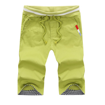 Men's Casual Drawstring Shorts with Contrast Plaid Hem (Bright Green) - intl  