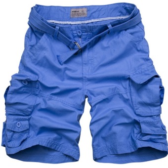 Men's Casual Loose 100% Cotton Multi-Pocket Cargo Shorts (Blue)  