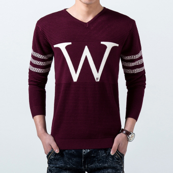 Men's Casual Solid Color Pullover V Neck Sweater Long Sleeve Shirt Sweaters Wool Cashmere (Red) - intl  