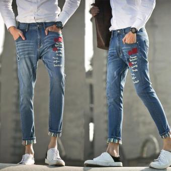 Men's Cropped Jeans Elastic Denim Pants Embroidery Jeans Korean Street Nine Pants Slim Denim Skinny Pants Leisure Teens Pants Casual Student Trousers - intl  