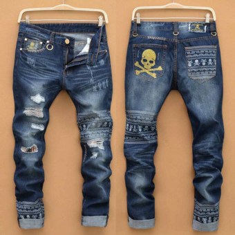 Men's Fashion Hole Jeans Korean Low Waist Skull Pattern Casual Blue Trousers(Blue)  