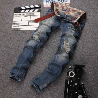 Men's Fashion Straight Hole Denim Jeans Casual Slim Cool Destroyed Pants(Light Blue) - Intl  