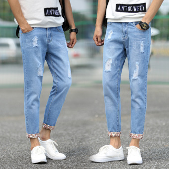 Men's Holes Thin Section Slim Jeans Denim Trousers Nine points Harem pants (Light blue)  