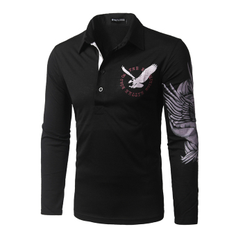 Men's long-sleeved T-shirt lapel Eagle print Black - intl  