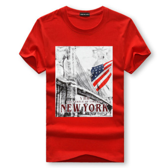 Men's Lycra Cotton Short-sleeves O-neck T-shirt Fun Printing American Flag (Red)  