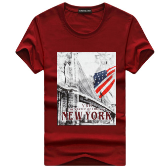 Men's Lycra Cotton Short-sleeves O-neck T-shirt Fun Printing American Flag (Wine Red)  