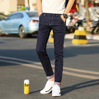Men's Mid-waisted Slim Full Length Pencil Pants Leisure Jeans Dark blue - intl  