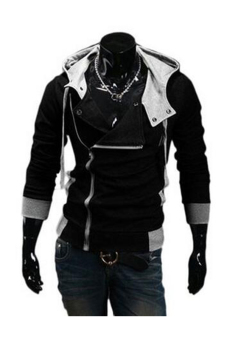 Mens New Autumn Winter British Style Side Zip Hooded Sweater (Black)  
