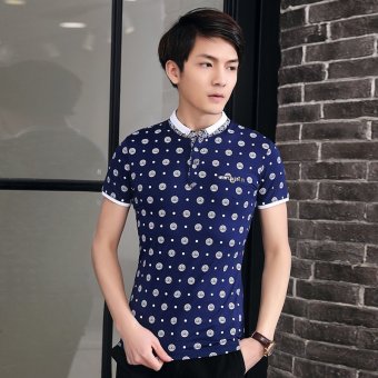 Men's new fashion slim Short-Sleeved POLO shirt with floral printed(BLUE)   