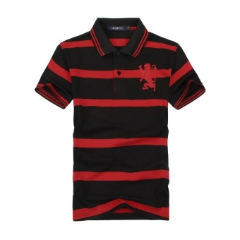 Men's new fashion slim Short-Sleeved POLO shirt with stripes(BLACK+RED) (Intl)  