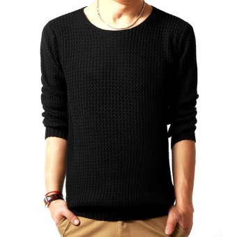 Mens Slim Cotton Round Neck Knitted Autumn Winter Sweater Pullover(Black) - intl  