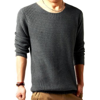 Mens Slim Cotton Round Neck Knitted Autumn Winter Sweater Pullover(Dark Grey) - intl  