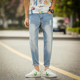 Men's Spring And Summer Pants Nine Holes In Jeans LightBlue - intl  