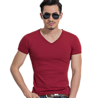 Men's V-neck T-shirt Short Sleeve Casual Summer Under Shirt Fitness Tops Tees Red  