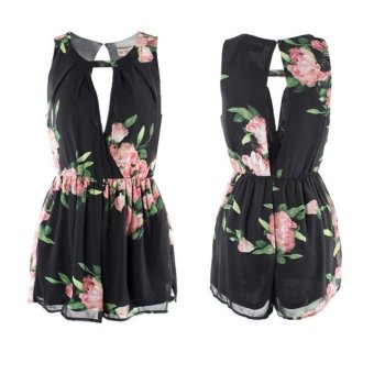 MG Open Back Chiffon Flower Rompers Short Jumpsuit Summer Playsuits (Black) - intl  