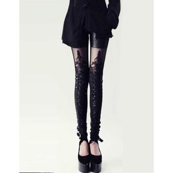MG Synthetic Leather Stitching Embroidery Bundled Hollow Lace Leggings Pantyhose (Black) - intl  