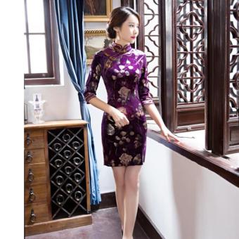 Modern Qipao Dress Gold Print Floral Velvet Qipao Plus Size Short Cheongsam Dress Traditional Chinese Clothing - intl  