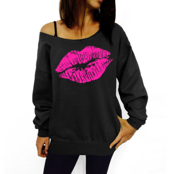 Moonar Fashion Women Lip Pattern Sexy Oblique Shoulder Long Sleeve Blouse T-shirt S-XL (Black&Pink) - intl  
