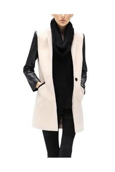 Moonar Women Woolen PU Leather Sleeves Tailored Collar Joint Slim Coat Apricot  